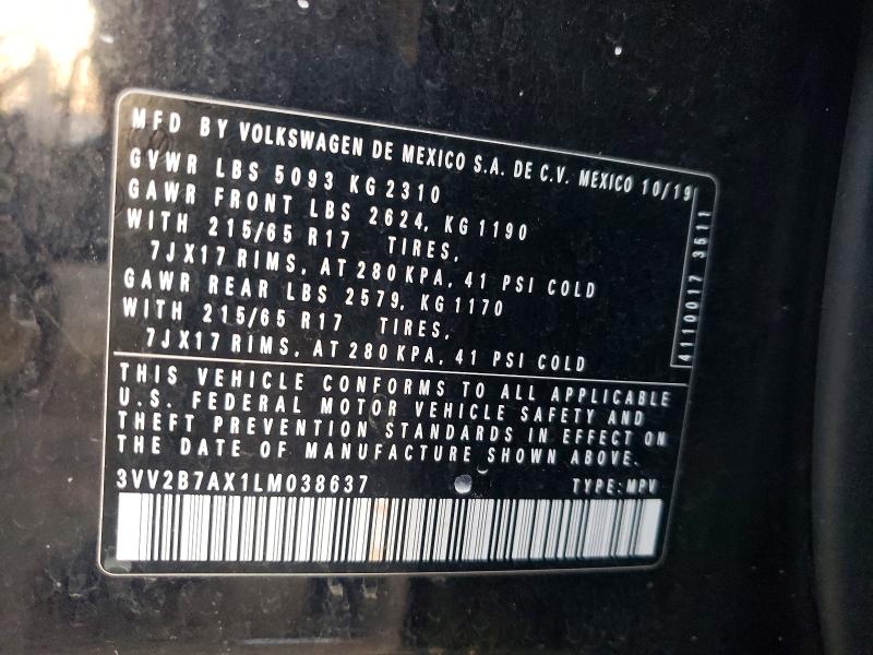 2020 Volkswagen Tiguan მანქანა იყიდება აუქციონზე, vin: 3VV2B7AX1LM038637, აუქციონის ნომერი: 48219036