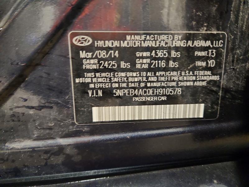 2014 Hyundai Sonata მანქანა იყიდება აუქციონზე, vin: 5NPEB4AC0EH910578, აუქციონის ნომერი: 49145846