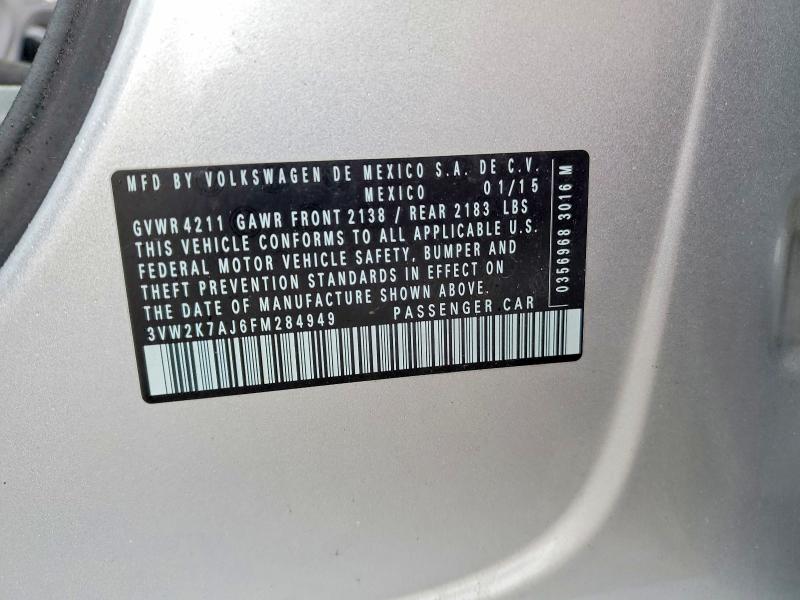 2015 Volkswagen Jetta მანქანა იყიდება აუქციონზე, vin: 3VW2K7AJ6FM284949, აუქციონის ნომერი: 48788906