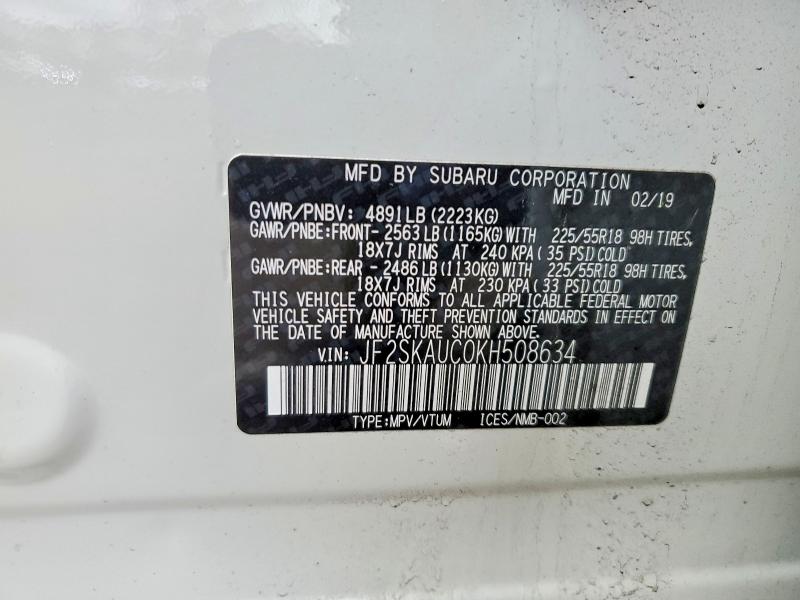 Aukcja sprzedaży 2019 Subaru Forester, vin: JF2SKAUC0KH508634, numer aukcji: 50555086