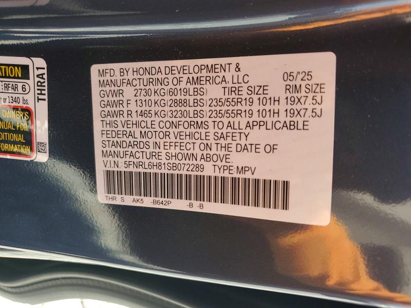 Aukcja sprzedaży 2025 Honda Odyssey, vin: 5FNRL6H81SB072289, numer aukcji: 51785226