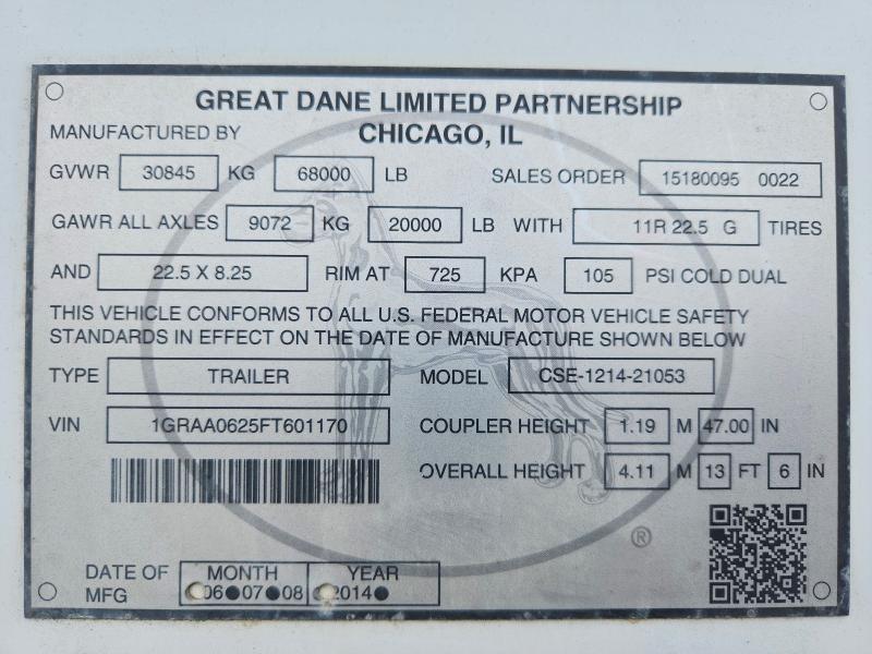 Продаж на аукціоні авто 2015 Great Dane Trailers, vin: 1GRAA0625FT601170, номер лоту: 51855676