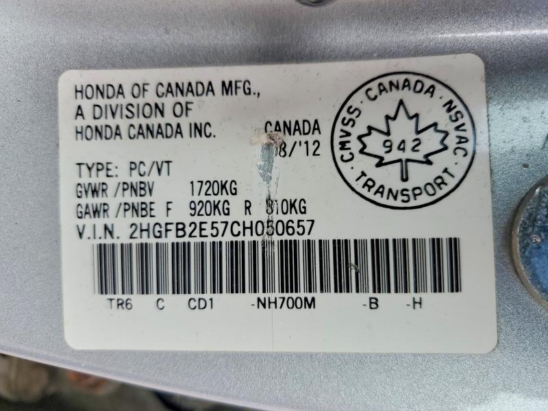 Продаж на аукціоні авто 2012 Honda Civic, vin: 2HGFB2E57CH050657, номер лоту: 49569876