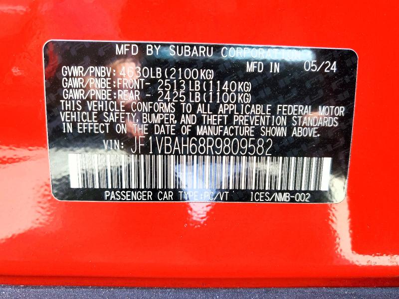 2024 Subaru Wrx მანქანა იყიდება აუქციონზე, vin: JF1VBAH68R9809582, აუქციონის ნომერი: 51375236