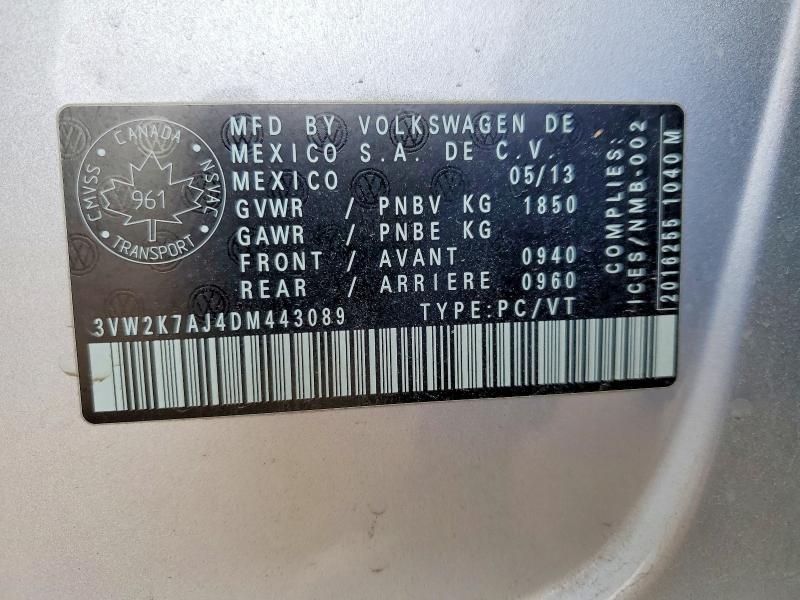 2013 Volkswagen Jetta მანქანა იყიდება აუქციონზე, vin: 3VW2K7AJ4DM443089, აუქციონის ნომერი: 50056456