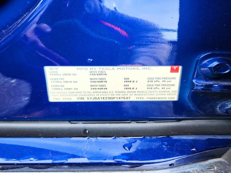 50670686 :رقم المزاد ، 5YJSA1E29GF147547 vin ، 2016 Tesla Model S مزاد بيع
