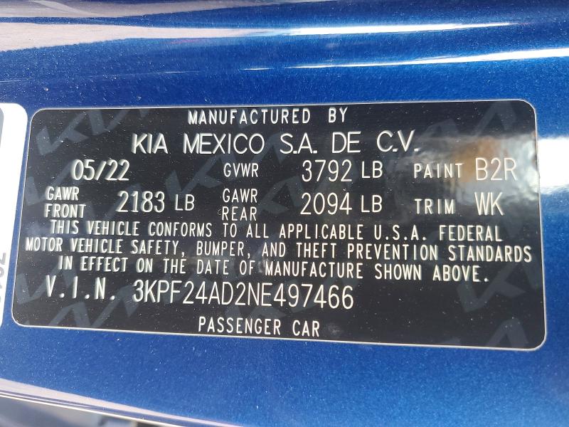 48001886 :رقم المزاد ، 3KPF24AD2NE497466 vin ، 2022 Kia Forte مزاد بيع
