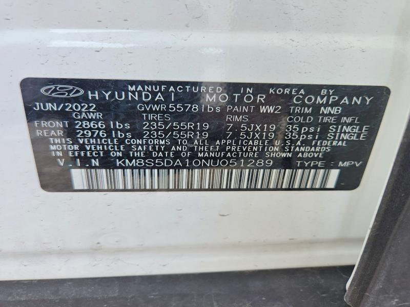 2022 Hyundai Santa Fe Hybrid მანქანა იყიდება აუქციონზე, vin: KM8S5DA10NU051289, აუქციონის ნომერი: 48789586