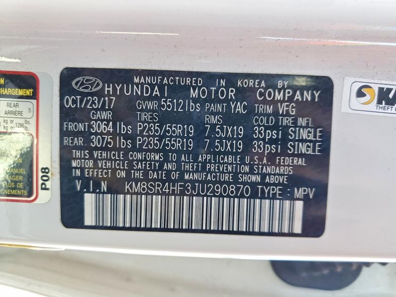 48548386 :رقم المزاد ، KM8SR4HF3JU290870 vin ، 2018 Hyundai Santa Fe مزاد بيع