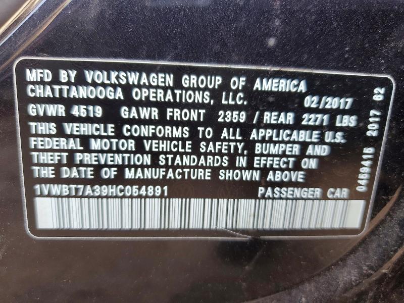 Продаж на аукціоні авто 2017 Volkswagen Passat, vin: 1VWBT7A39HC054891, номер лоту: 47750546