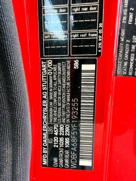 Продаж на аукціоні авто 2000 Mercedes-benz Sl, vin: WDBFA68F5YF193255, номер лоту: 52183246