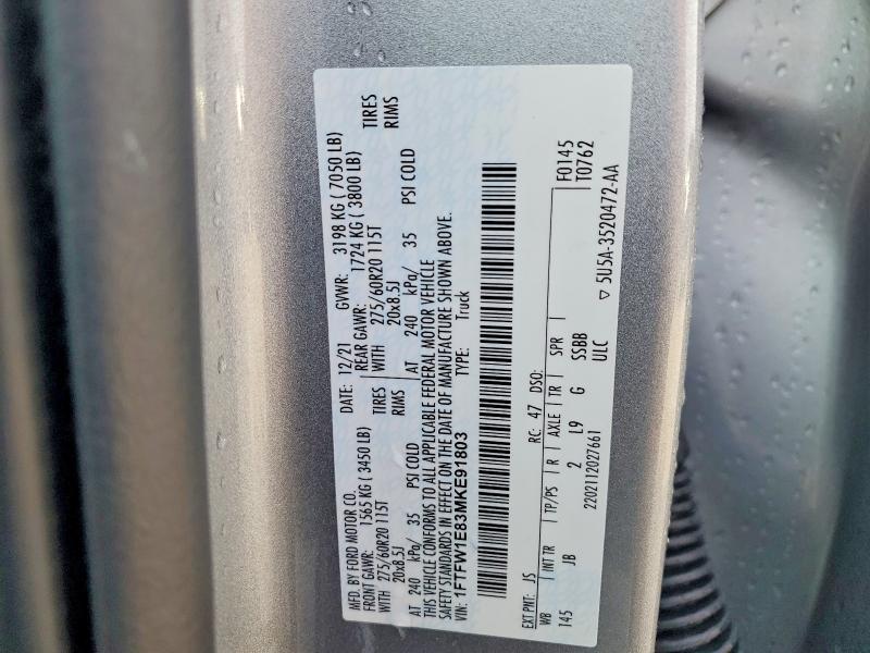 51251826 :رقم المزاد ، 1FTFW1E83MKE91803 vin ، 2021 Ford F150 مزاد بيع