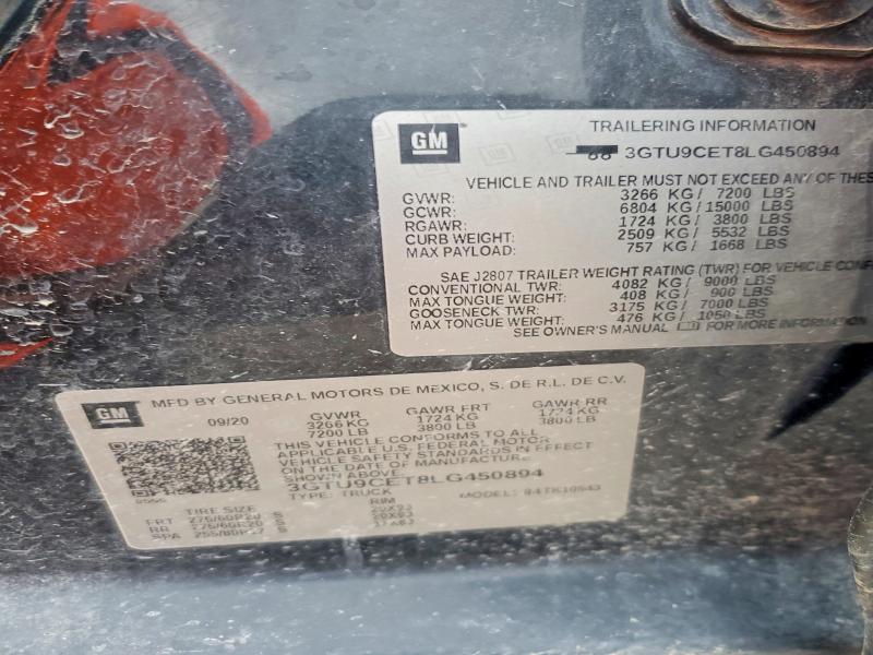 50294046 :رقم المزاد ، 3GTU9CET8LG450894 vin ، 2020 Gmc Sierra مزاد بيع