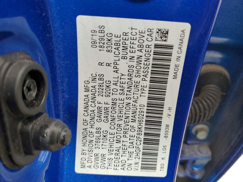 Продаж на аукціоні авто 2019 Honda Civic, vin: 2HGFC2F89KH602910, номер лоту: 50931986