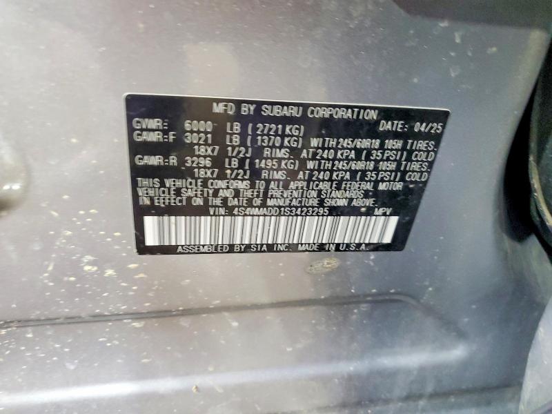 2025 Subaru Ascent მანქანა იყიდება აუქციონზე, vin: 4S4WMADD1S3423295, აუქციონის ნომერი: 50982386