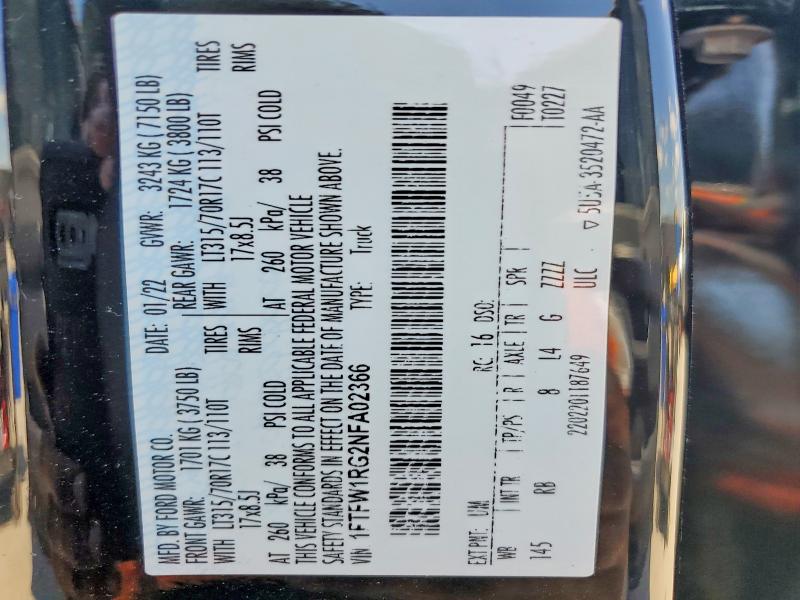 48462326 :رقم المزاد ، 1FTFW1RG2NFA02366 vin ، 2022 Ford F150 مزاد بيع