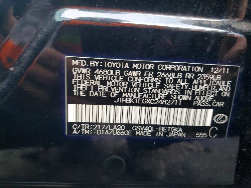 49001016 :رقم المزاد ، JTHBK1EGXC2482711 vin ، 2012 Lexus Es 350 مزاد بيع