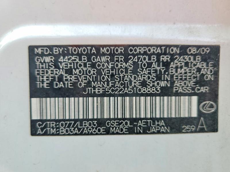 49379756 :رقم المزاد ، JTHBF5C22A5108883 vin ، 2010 Lexus Is مزاد بيع