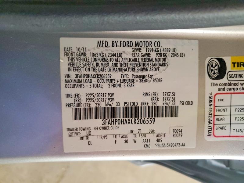 Aukcja sprzedaży 2012 Ford Fusion, vin: 3FAHP0HAXCR206559, numer aukcji: 51565836