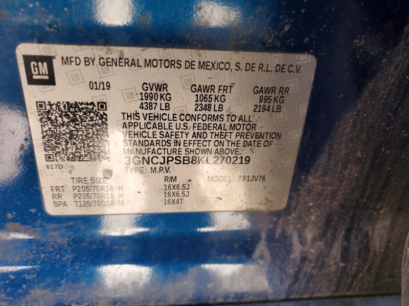 2019 Chevrolet Trax მანქანა იყიდება აუქციონზე, vin: 3GNCJPSB8KL270219, აუქციონის ნომერი: 51854196