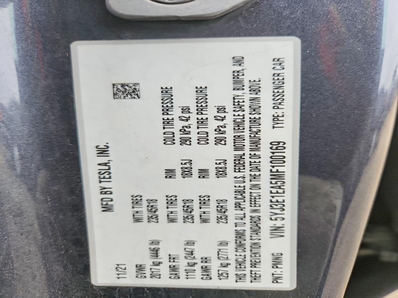 2021 Tesla Model 3 მანქანა იყიდება აუქციონზე, vin: 5YJ3E1EA5MF100169, აუქციონის ნომერი: 48637456