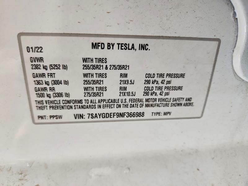 2022 Tesla Model Y მანქანა იყიდება აუქციონზე, vin: 7SAYGDEF9NF366988, აუქციონის ნომერი: 50921466