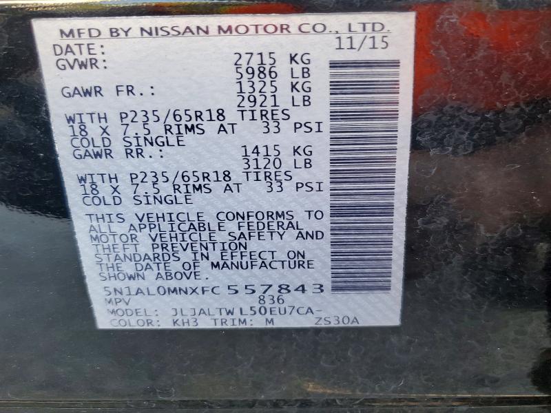 49967256 :رقم المزاد ، 5N1AL0MNXFC557843 vin ، 2015 Infiniti Qx60 مزاد بيع
