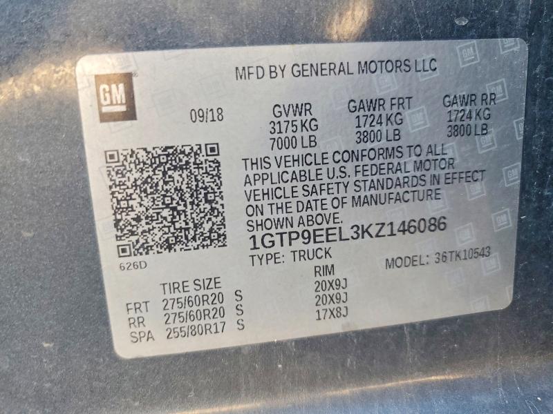 49419206 :رقم المزاد ، 1GTP9EEL3KZ146086 vin ، 2019 Gmc Sierra مزاد بيع