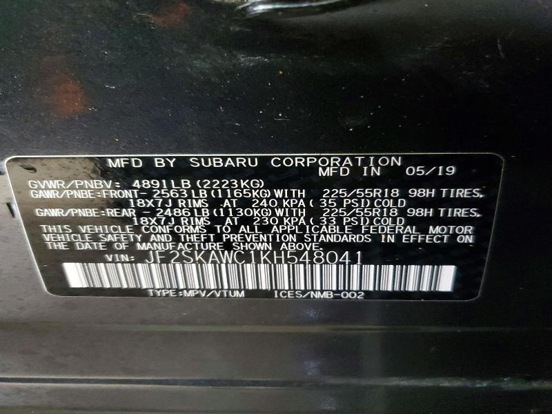 2019 Subaru Forester მანქანა იყიდება აუქციონზე, vin: JF2SKAWC1KH548041, აუქციონის ნომერი: 49121916