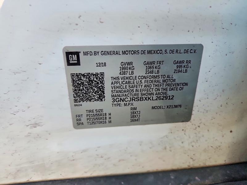 2019 Chevrolet Trax მანქანა იყიდება აუქციონზე, vin: 3GNCJRSBXKL262912, აუქციონის ნომერი: 49390546