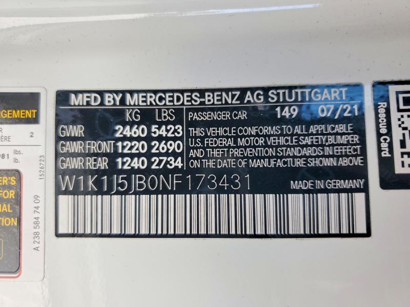 Продажа на аукционе авто 2022 Mercedes-benz E, vin: W1K1J5JB0NF173431, номер лота: 52017716