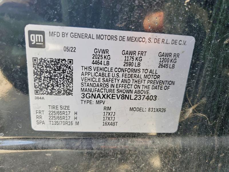 Aukcja sprzedaży 2022 Chevrolet Equinox, vin: 3GNAXKEV8NL237403, numer aukcji: 51082446
