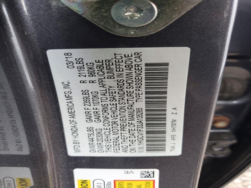 49153436 :رقم المزاد ، 1HGCV1F33JA135265 vin ، 2018 Honda Accord مزاد بيع
