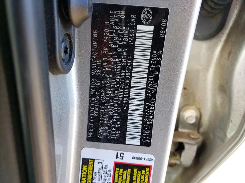 2019 Toyota Camry მანქანა იყიდება აუქციონზე, vin: 4T1B11HK3KU852464, აუქციონის ნომერი: 49735116