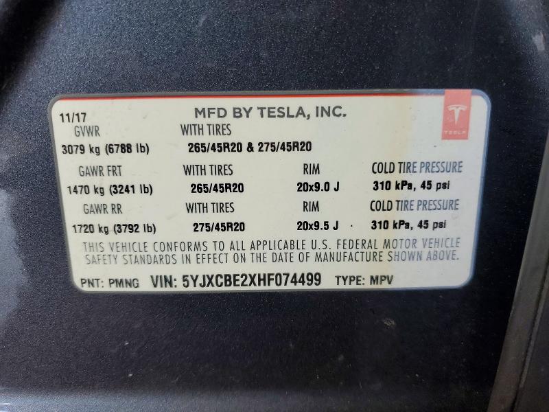 49377136 :رقم المزاد ، 5YJXCBE2XHF074499 vin ، 2017 Tesla Model X مزاد بيع