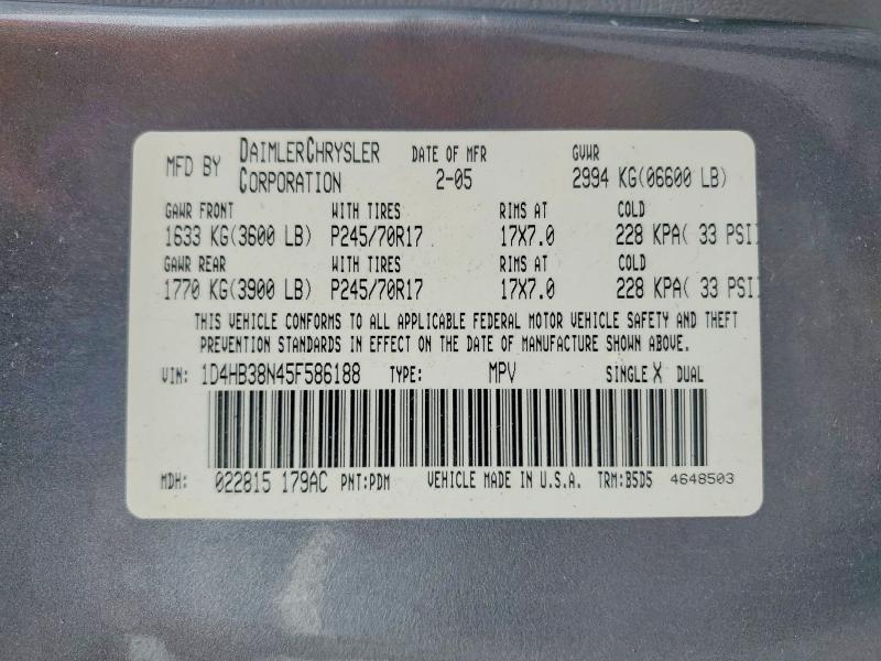 2005 Dodge Durango მანქანა იყიდება აუქციონზე, vin: 1D4HB38N45F586188, აუქციონის ნომერი: 51021036