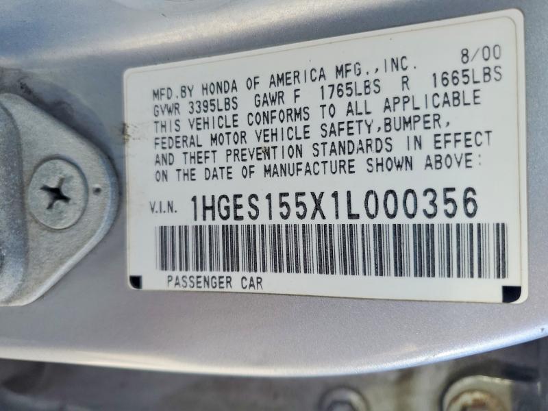 Продаж на аукціоні авто 2001 Honda Civic, vin: 1HGES155X1L000356, номер лоту: 49321916