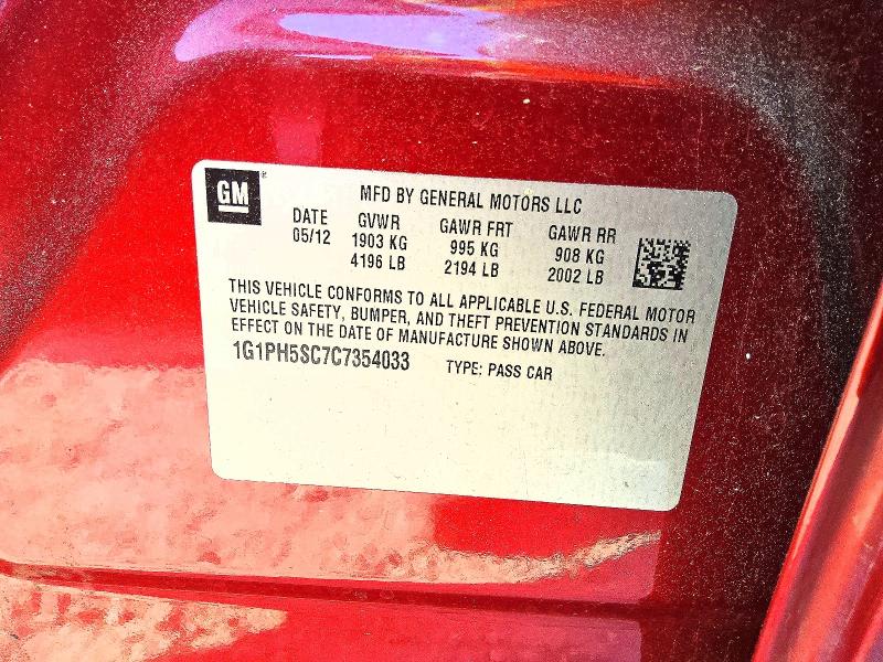 2012 Chevrolet Cruze მანქანა იყიდება აუქციონზე, vin: 1G1PH5SC7C7354033, აუქციონის ნომერი: 50685946