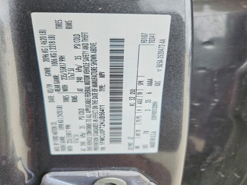 2019 Ford Escape მანქანა იყიდება აუქციონზე, vin: 1FMCU0F72KUB56411, აუქციონის ნომერი: 49980876