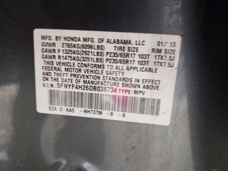 2013 Honda Pilot მანქანა იყიდება აუქციონზე, vin: 5FNYF4H26DB036734, აუქციონის ნომერი: 50919606