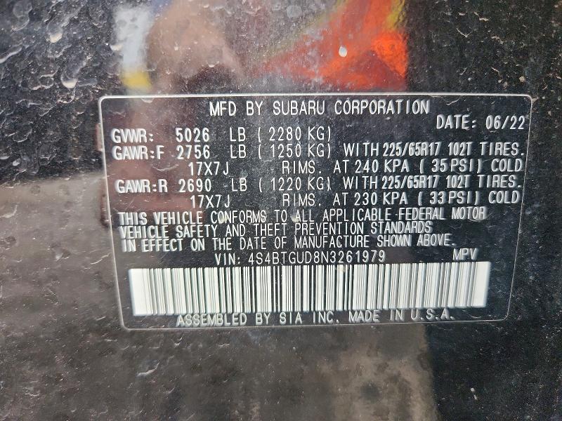 50953676 :رقم المزاد ، 4S4BTGUD8N3261979 vin ، 2022 Subaru Outback مزاد بيع