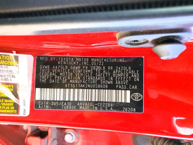 2022 Toyota Camry მანქანა იყიდება აუქციონზე, vin: 4T1G11AK2NU058608, აუქციონის ნომერი: 50495576