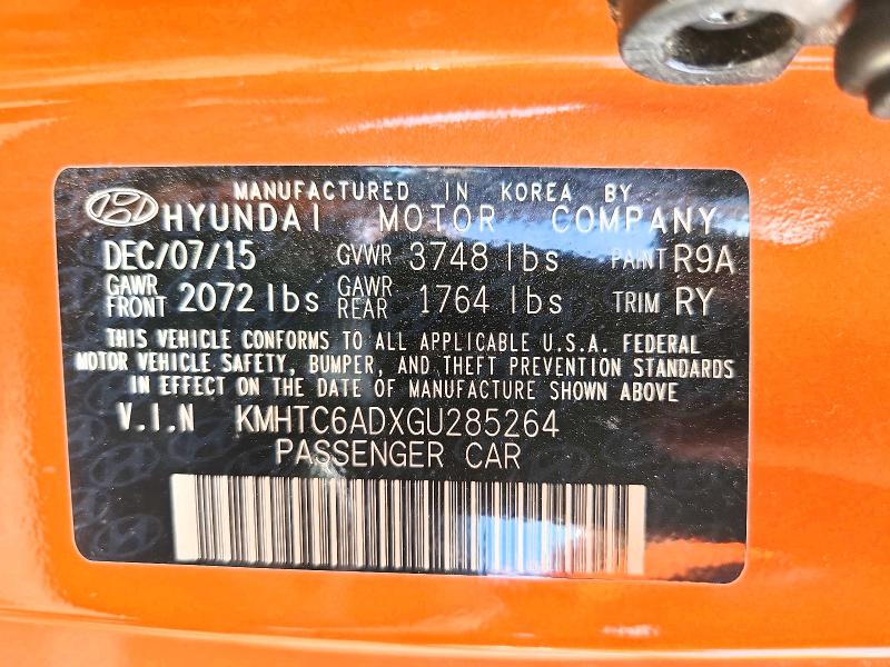 2016 Hyundai Veloster მანქანა იყიდება აუქციონზე, vin: KMHTC6ADXGU285264, აუქციონის ნომერი: 49128956