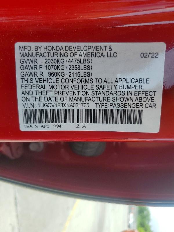 2022 Honda Accord მანქანა იყიდება აუქციონზე, vin: 1HGCV1F3XNA031765, აუქციონის ნომერი: 50138766