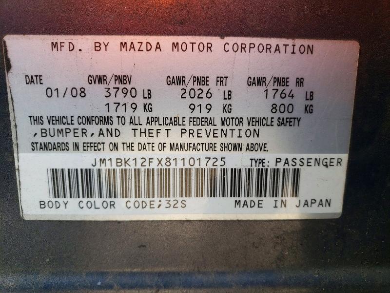 Aukcja sprzedaży 2008 Mazda 3, vin: JM1BK12FX81101725, numer aukcji: 50187486