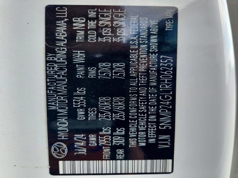 2024 Hyundai Santa Fe მანქანა იყიდება აუქციონზე, vin: 5NMP24GL1RH062357, აუქციონის ნომერი: 50262166