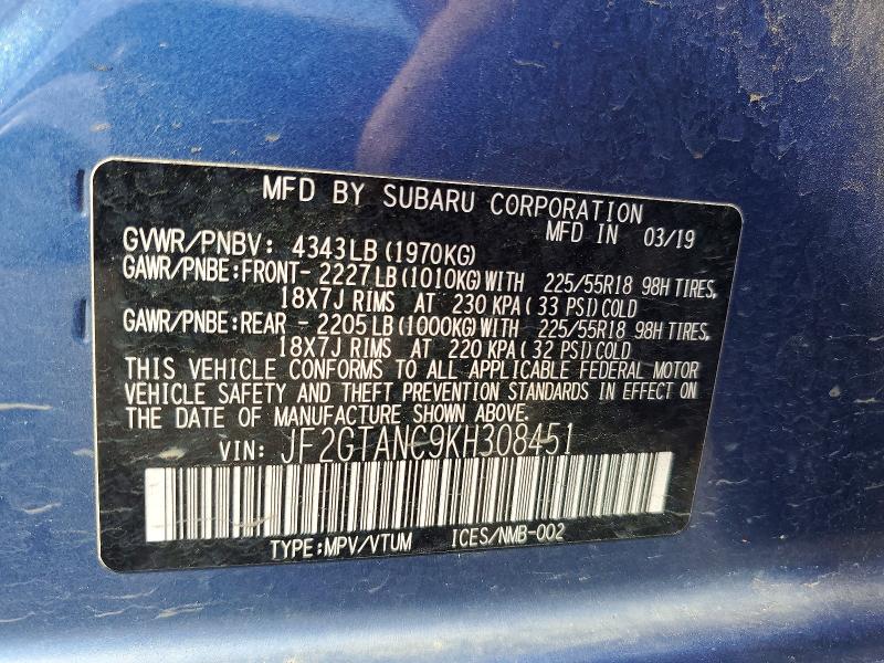 51480876 :رقم المزاد ، JF2GTANC9KH308451 vin ، 2019 Subaru Crosstrek مزاد بيع