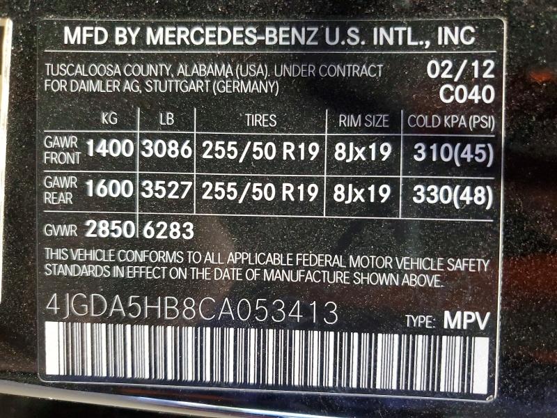 Aukcja sprzedaży 2012 Mercedes-benz Ml, vin: 4JGDA5HB8CA053413, numer aukcji: 50605166