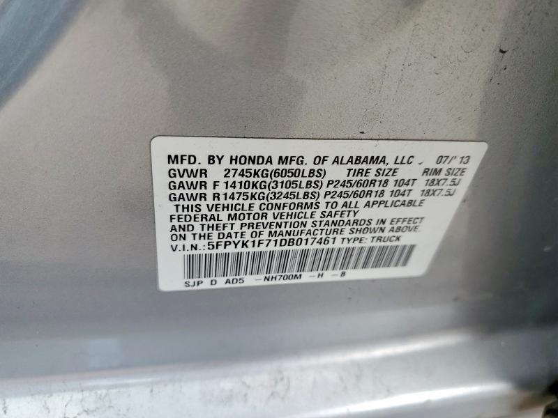 51694416 :رقم المزاد ، 5FPYK1F71DB017461 vin ، 2013 Honda Ridgeline مزاد بيع