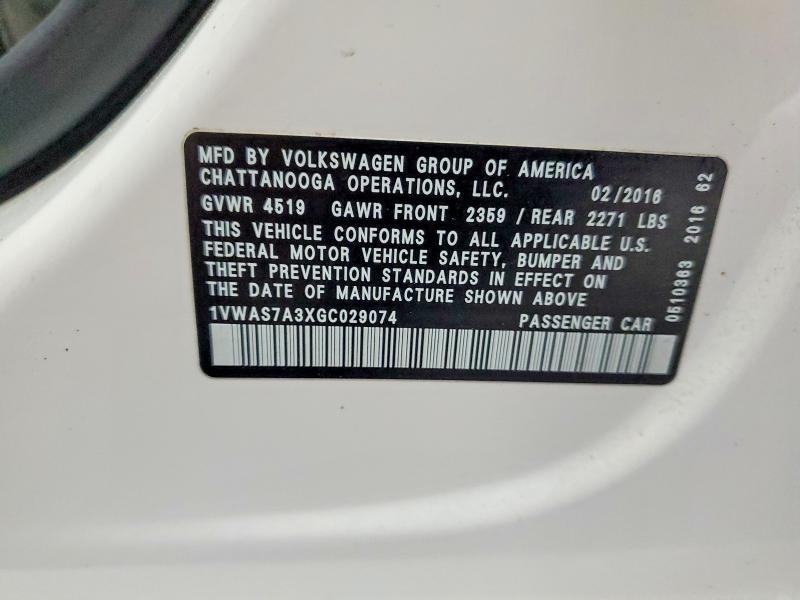 Продаж на аукціоні авто 2016 Volkswagen Passat, vin: 1VWAS7A3XGC029074, номер лоту: 49092056
